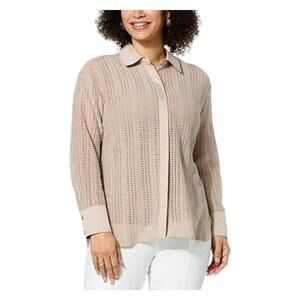 WynneCollection Women's Woven Crochet Button-Down Shirt Sand - Regular